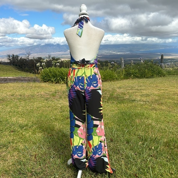 NWT Natori tropical Monstera Jumpsuit halter flare leg Retro - Picture 5 of 10